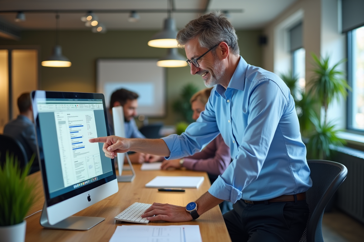 Homme aidant un collègue avec un fichier Excel en coworking