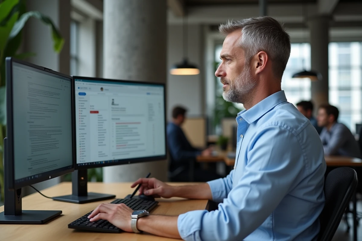 Homme en télétravail dans un espace de coworking avec configuration double écran pour gestion des emails professionnels