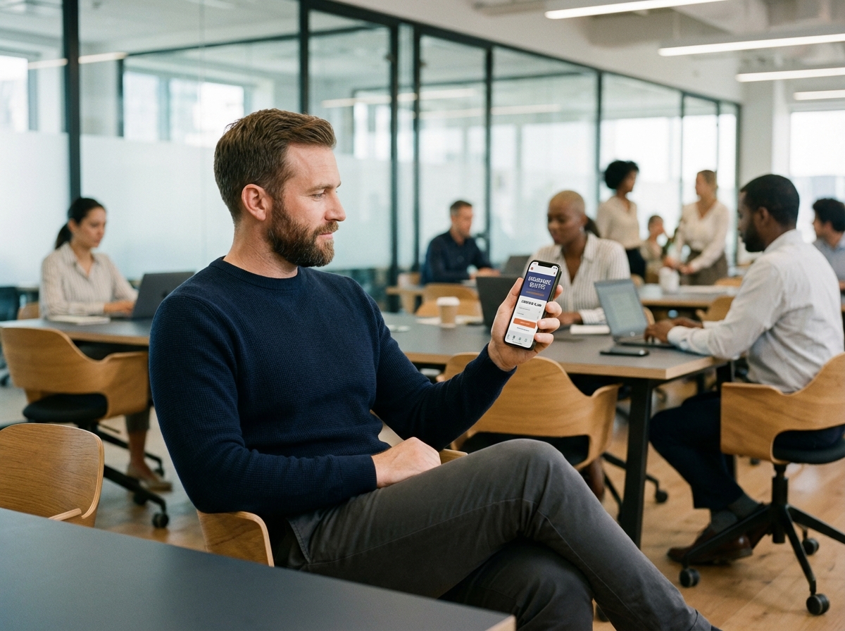 Homme en coworking explore des applications d