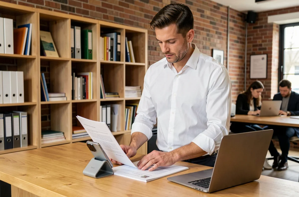 Homme au bureau debout consultant un Xiaomi 14T pour la productivité professionnelle dans un espace de coworking