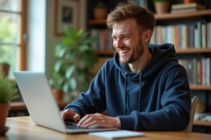 Jeune homme souriant devant son ordinateur portable en train de découvrir l'easter egg Do a Barrel Roll sur Google Chrome