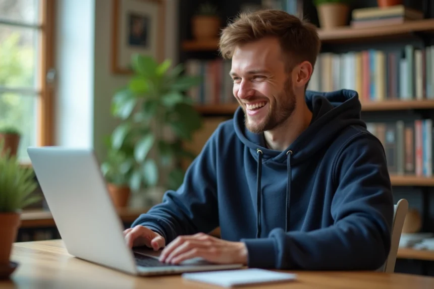 Jeune homme souriant devant son ordinateur portable en train de découvrir l'easter egg Do a Barrel Roll sur Google Chrome