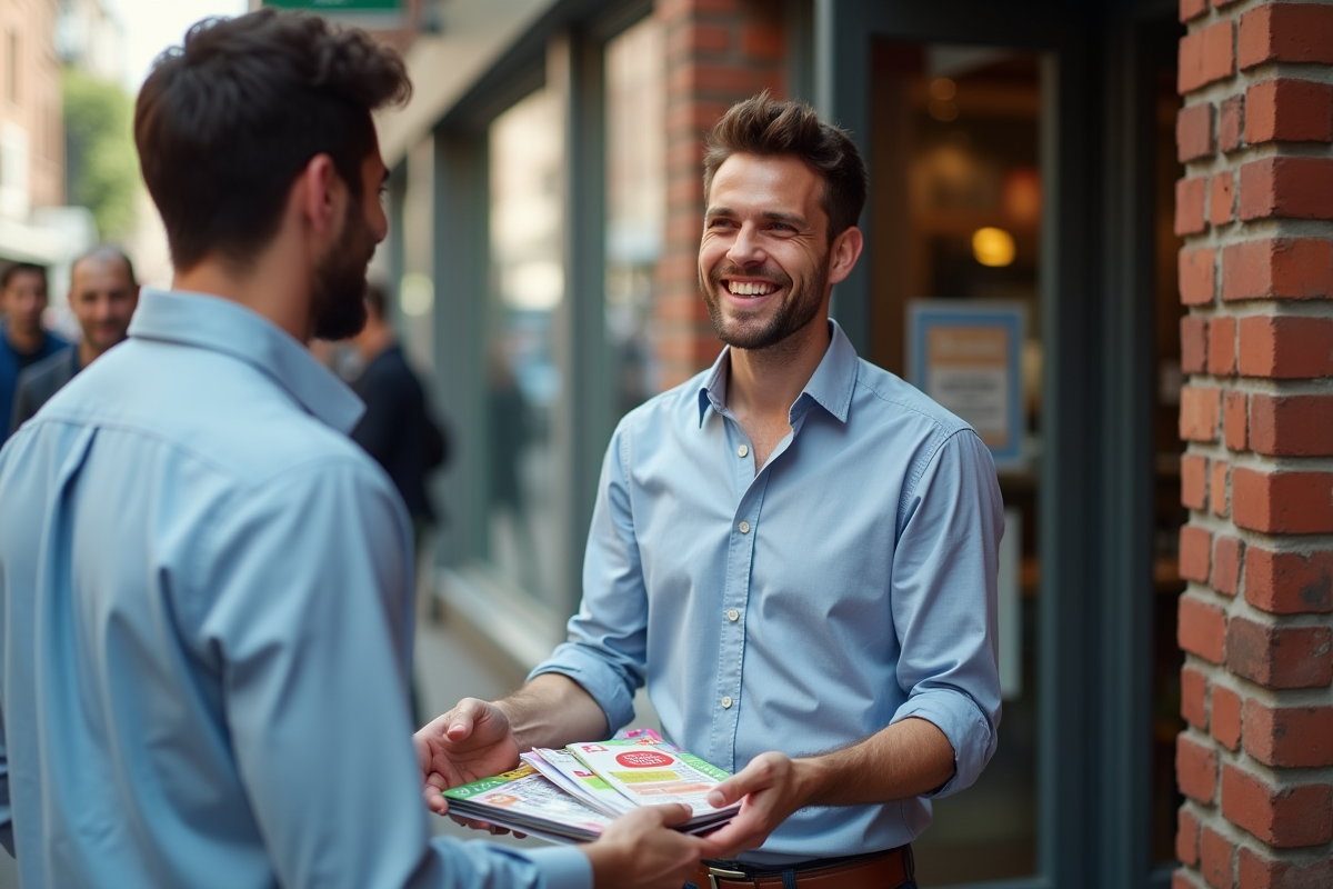 Homme distribuant des flyers devant une boutique urbaine