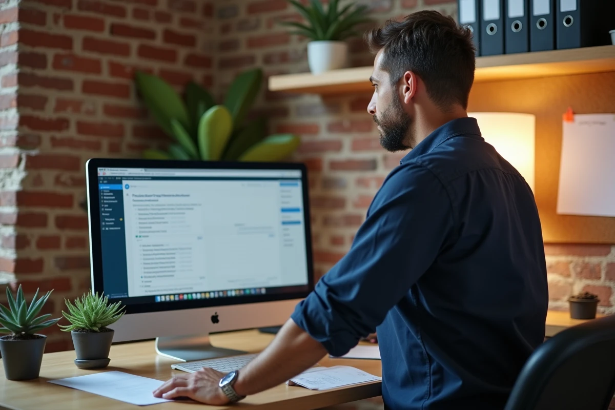 Homme accédant à ses documents de paie dématérialisés depuis son bureau à domicile