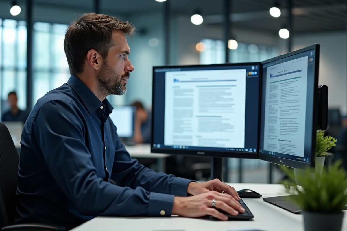 Homme professionnel supprimant des pages d'un document PDF sur un grand écran dans un bureau moderne