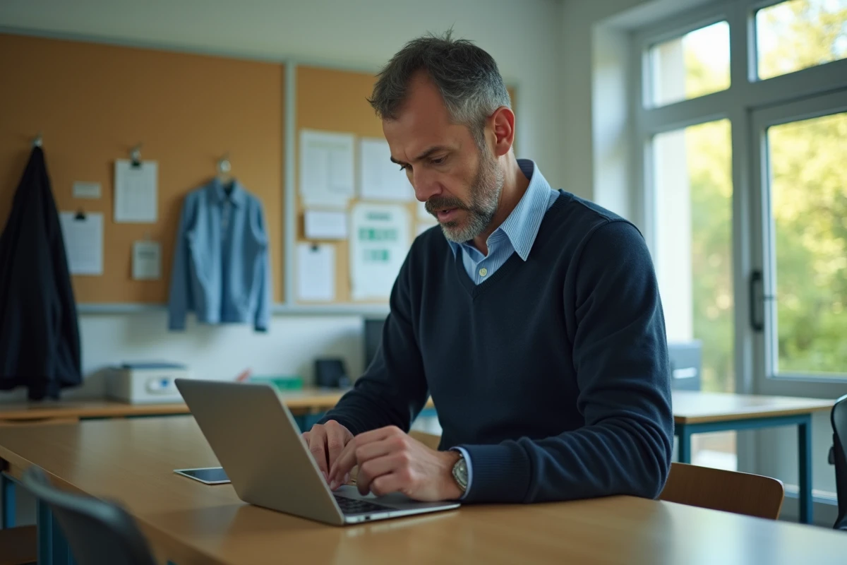 Enseignant français utilisant une tablette dans la salle du personnel