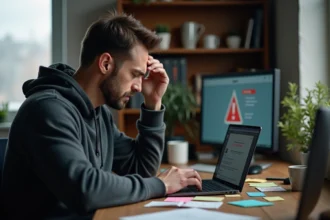 Homme frustré devant un écran d'ordinateur affichant une erreur de connexion sur un site web