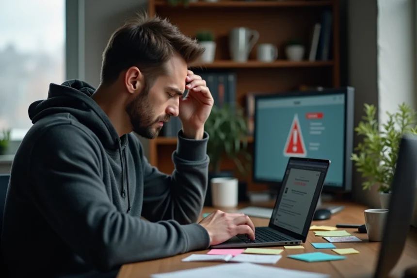Homme frustré devant un écran d'ordinateur affichant une erreur de connexion sur un site web