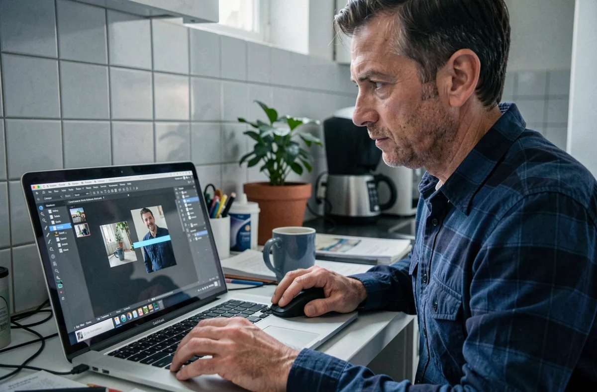 Homme utilisant GIMP sur laptop pour fusionner des fichiers JPG en local sans connexion web