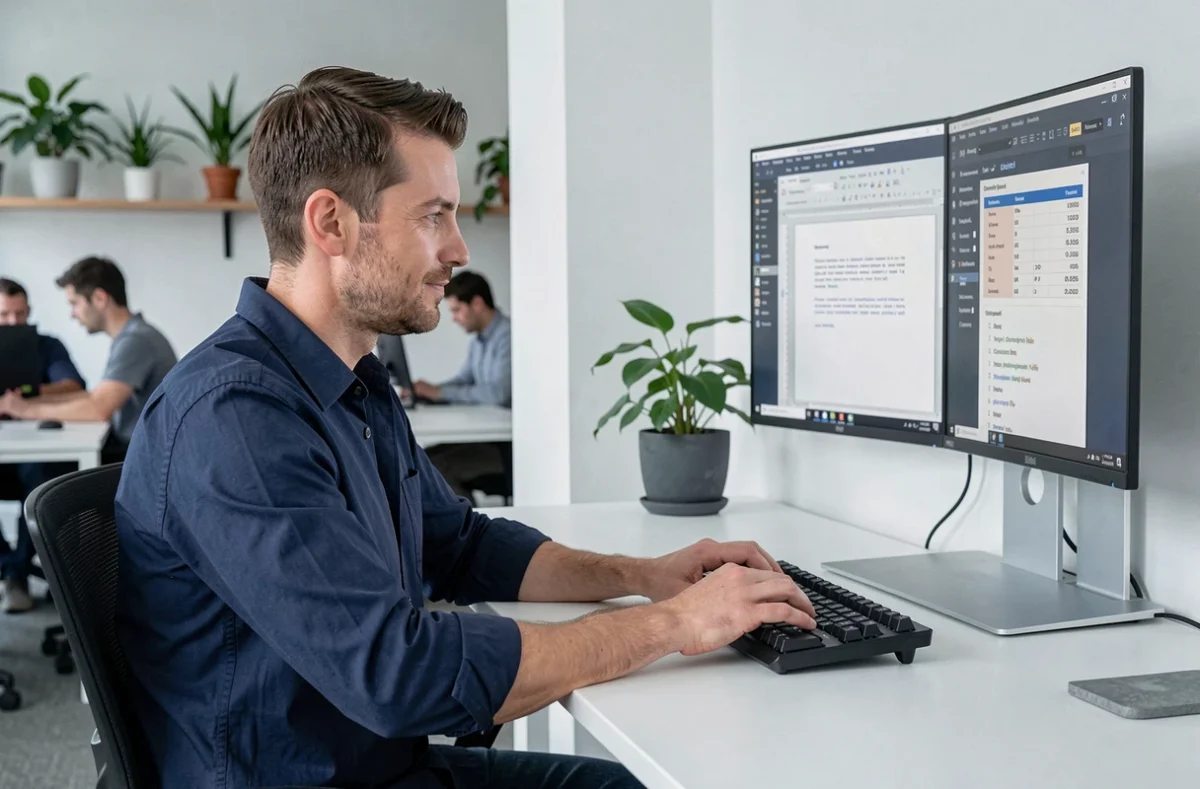 Homme professionnel utilisant un outil de comptage de caractères gratuit dans un bureau moderne pour optimiser sa rédaction