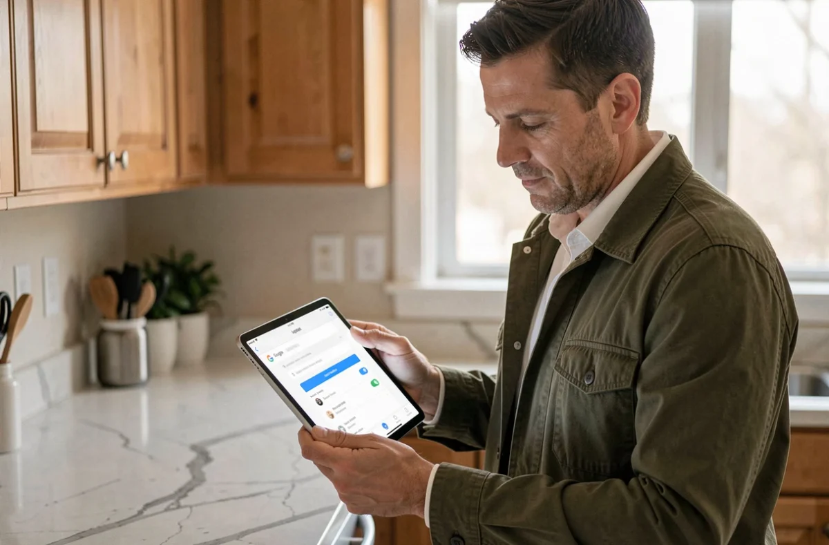 Homme consultant les paramètres de mise à jour de l'application Google sur une tablette dans une cuisine moderne