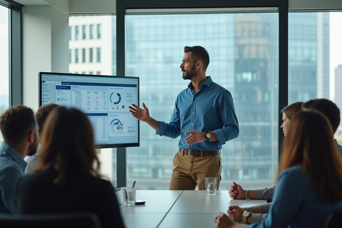 Homme présentant des astuces Excel à un groupe en réunion