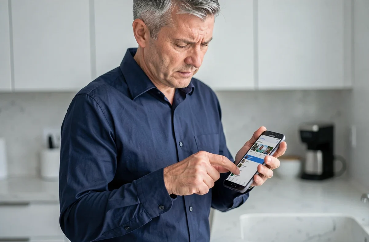 Homme accédant à la corbeille sur un téléphone Samsung Galaxy dans une cuisine moderne