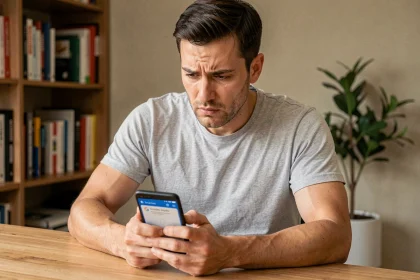 Homme tenant un smartphone Android bloqué sur la mise à jour de Google dans un bureau à domicile