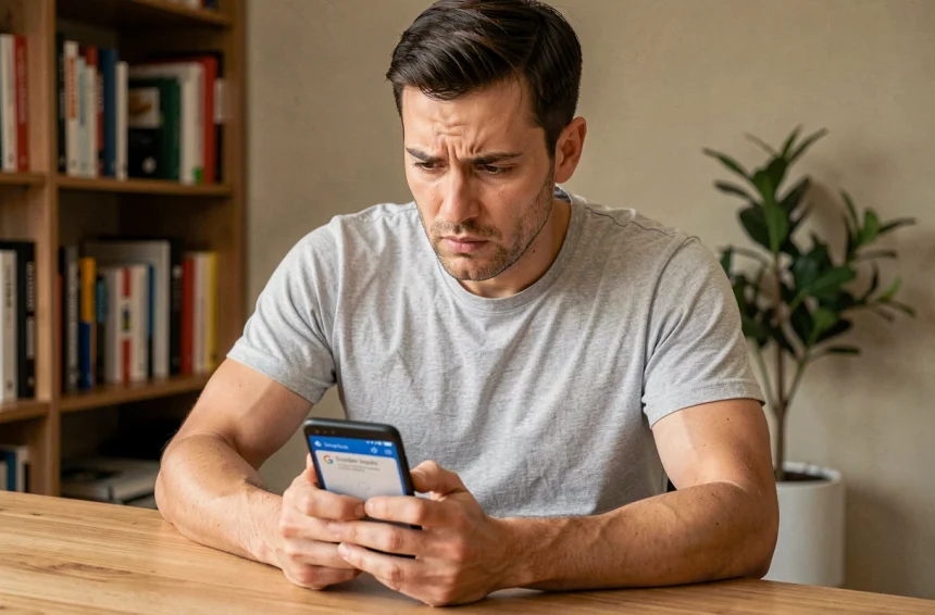 Homme tenant un smartphone Android bloqué sur la mise à jour de Google dans un bureau à domicile