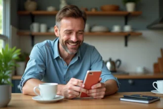 Homme d'âge moyen souriant avec téléphone portable blanc et rouge