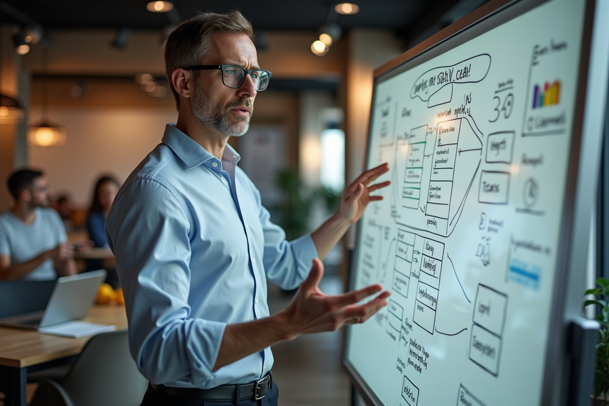 Homme d age expliquant une strategie SEO devant un tableau blanc