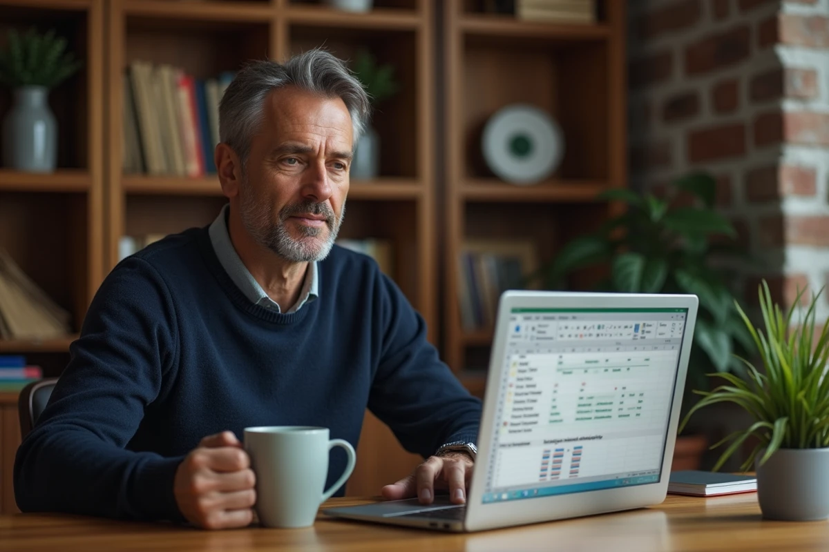 Homme utilisant la fonction suppression des doublons dans Excel sur un ordinateur portable depuis son bureau à domicile