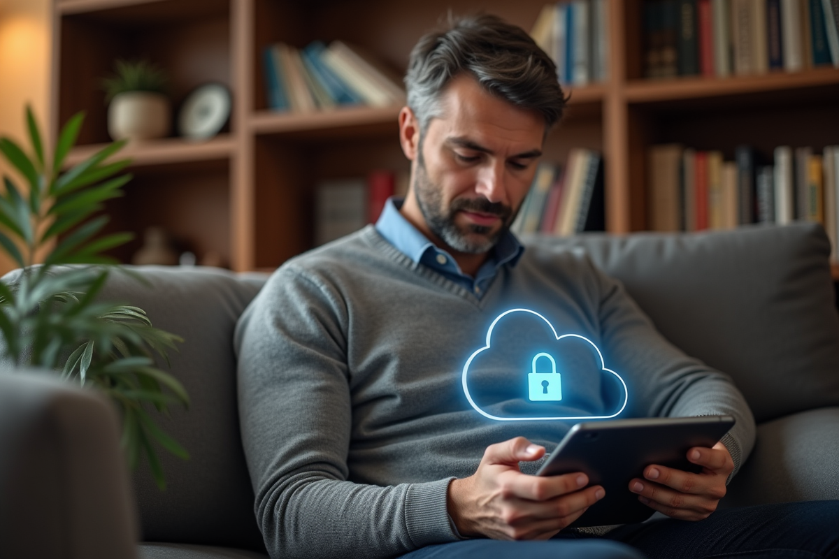 Homme d âge moyen utilisant une tablette pour accéder aux fichiers