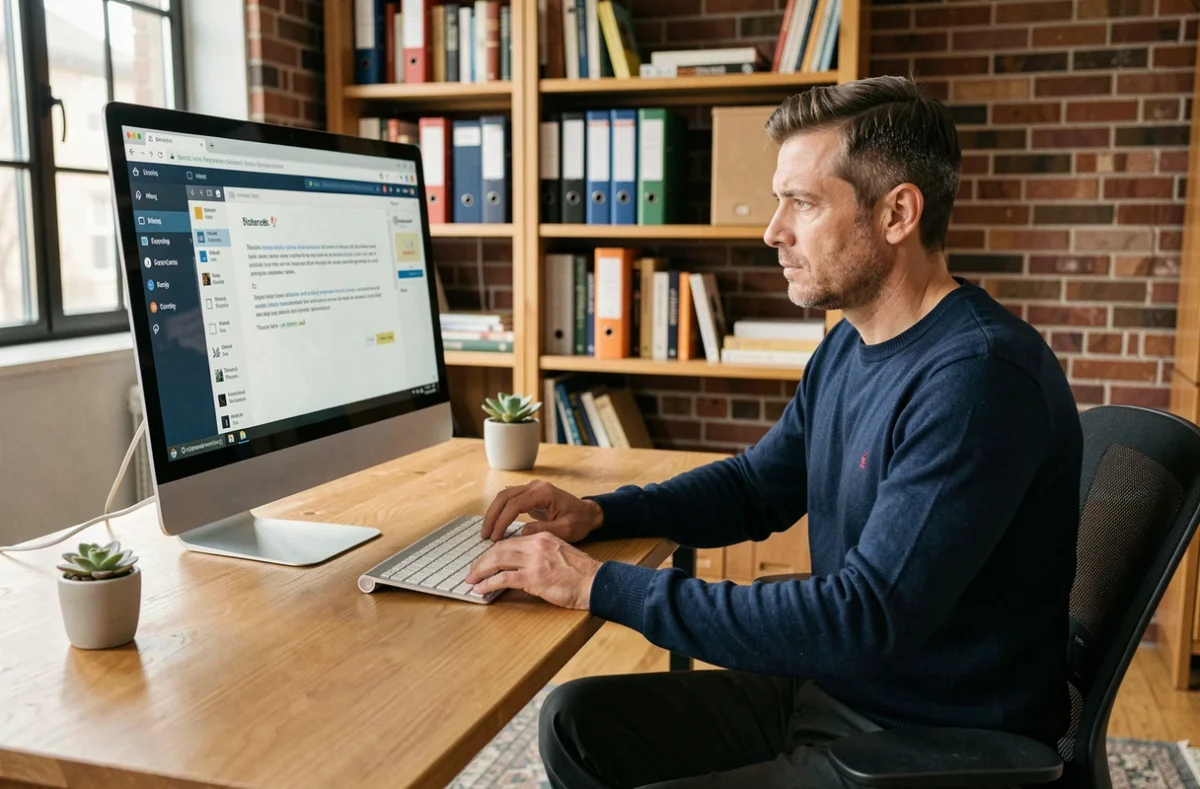 Homme en télétravail lisant un email et vérifiant les destinataires en copie Cc dans un contexte professionnel à domicile