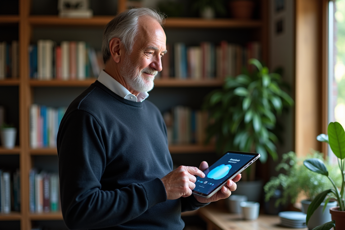 Homme âgé transférant des fichiers sur sa tablette