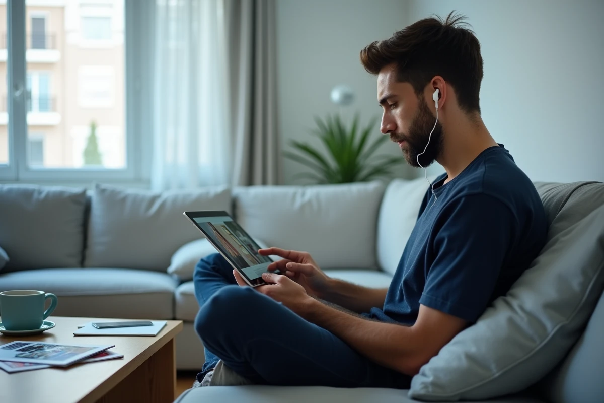Homme adulte regardant un tutoriel vidéo sur tablette avec écouteurs pour archiver du contenu éducatif