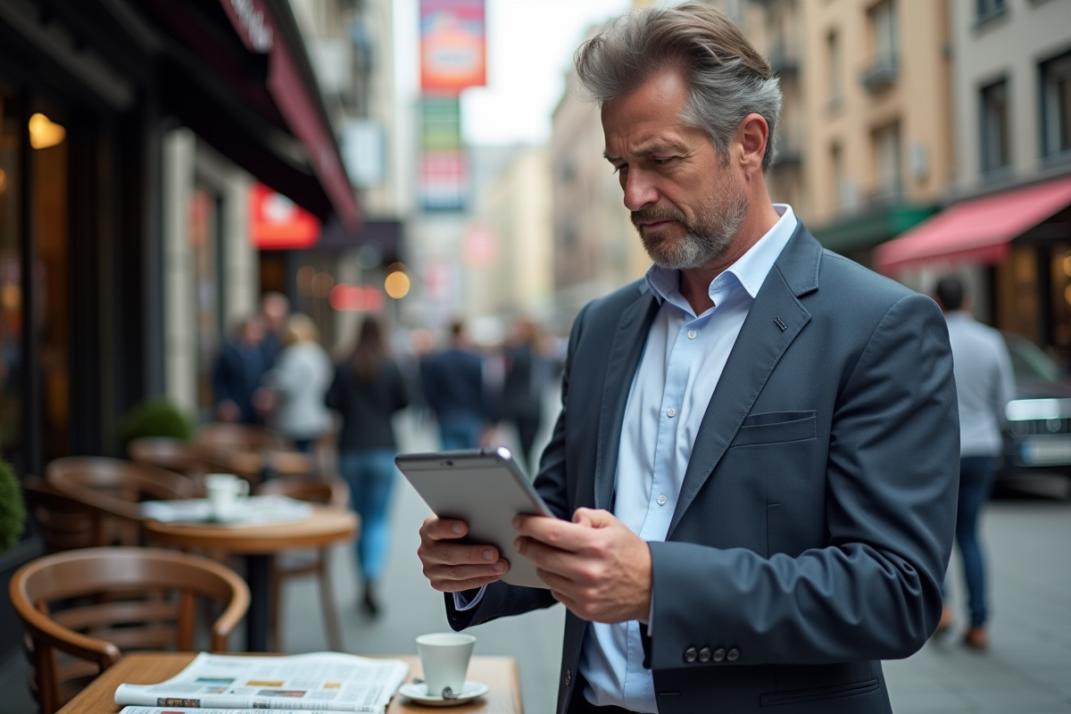 Homme d affaires regardant une tablette en terrasse urbaine