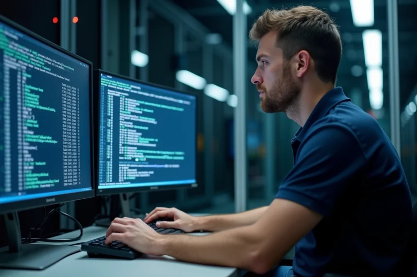 Ingénieur réseau vérifiant l'ouverture du port DNS 53 TCP sur un terminal de ligne de commande