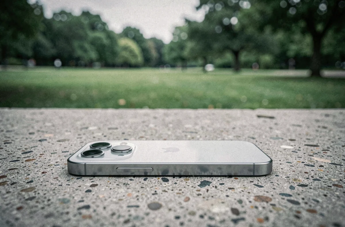 iPhone 12 posé sur une surface en béton texturée avec un paysage naturel verdoyant en arrière-plan flou