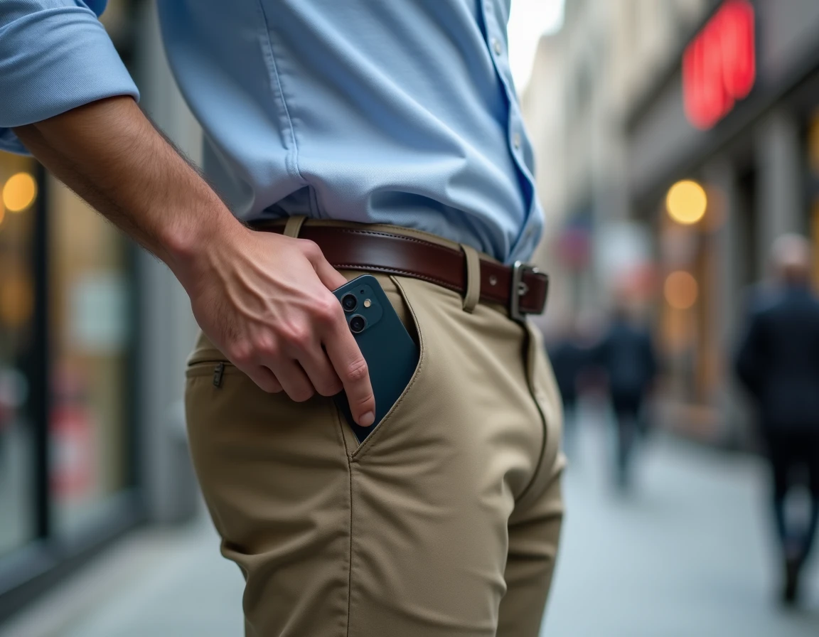 Homme essayant de glisser un iPhone 12 dans la poche de son pantalon en ville, illustration du format du téléphone