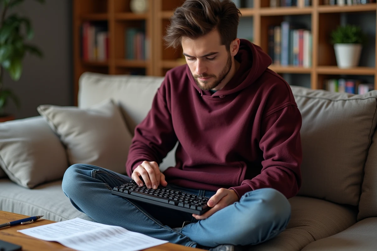 Jeune personne avec un clavier mécanique et une fiche de raccourcis pour saisir les lettres accentuées en français