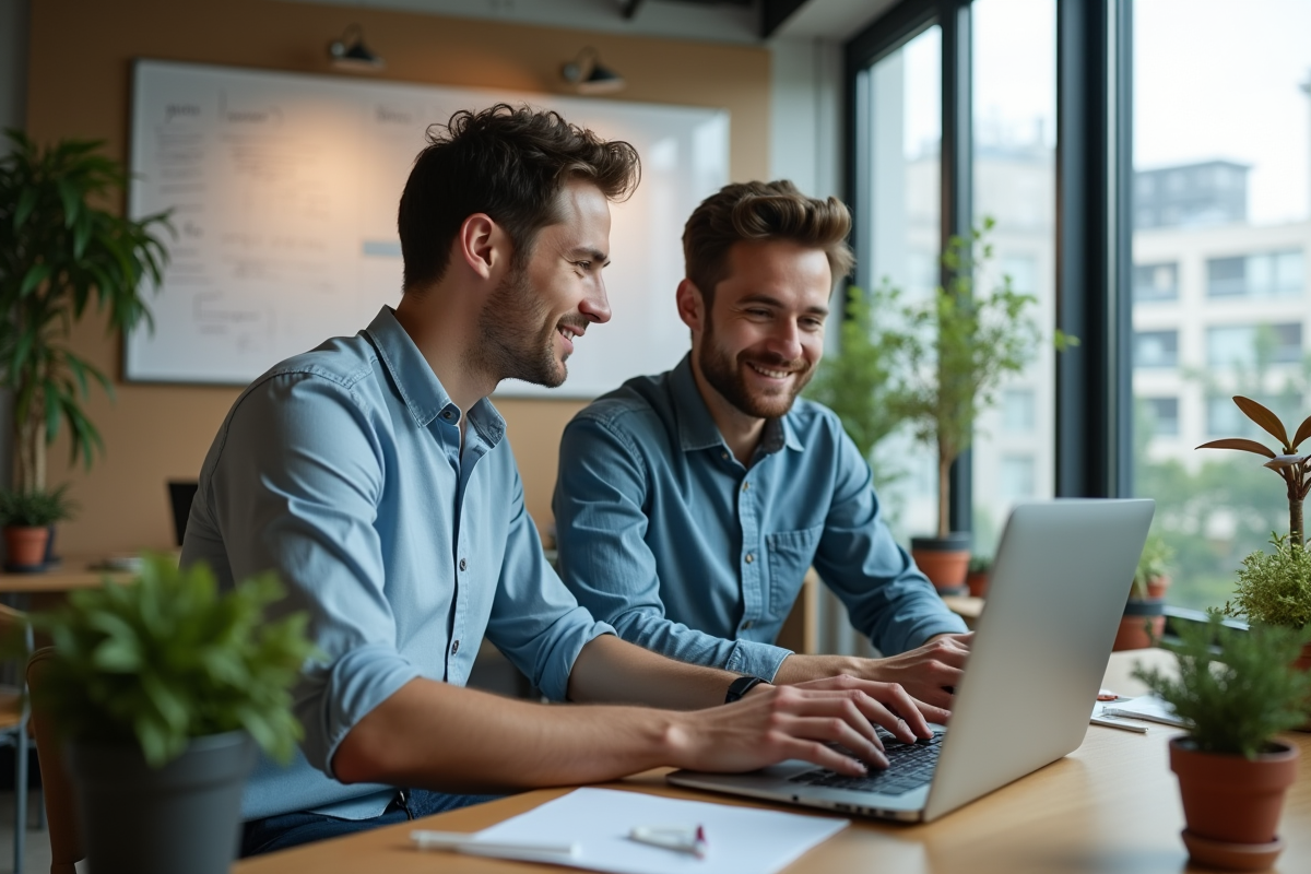 Jeune homme collaborant sur un ordinateur dans un espace créatif
