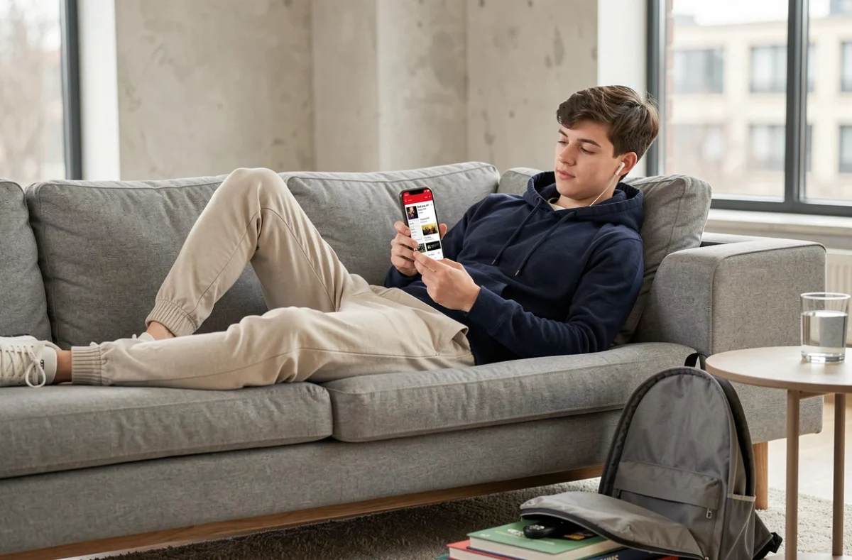 Jeune homme allongé sur un canapé écoutant de la musique MP3 convertie depuis YouTube sur son smartphone pour optimiser ses révisions à domicile