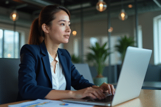 Jeune femme concentrée analysant des graphiques au bureau
