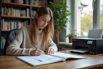Jeune femme en intérieur alignant des pages de livre dans un bureau moderne