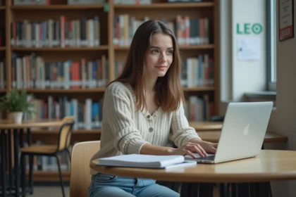 Jeune femme concentrée sur son ordinateur dans une bibliothèque universitaire