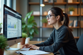 Jeune femme professionnelle analysant des graphiques numériques au bureau