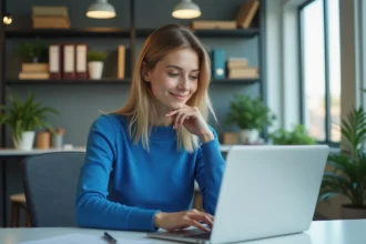 Jeune femme concentrée travaillant sur son ordinateur dans un bureau moderne