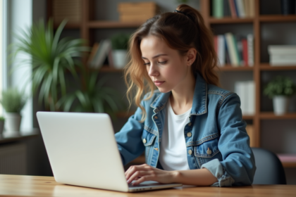 Jeune femme concentrée sur son ordinateur dans un appartement moderne