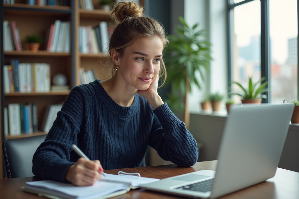 Jeune femme professionnelle au bureau en train de prendre des notes