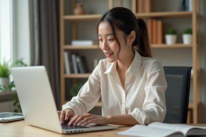 Jeune femme professionnelle travaillant sur son ordinateur dans un bureau moderne