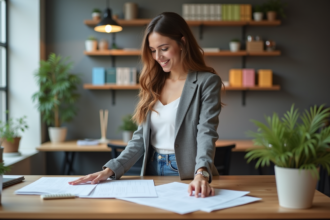 Jeune femme arrangeant des flyers dans un bureau moderne
