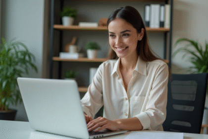 Jeune femme professionnelle utilisant un logiciel CRM au bureau
