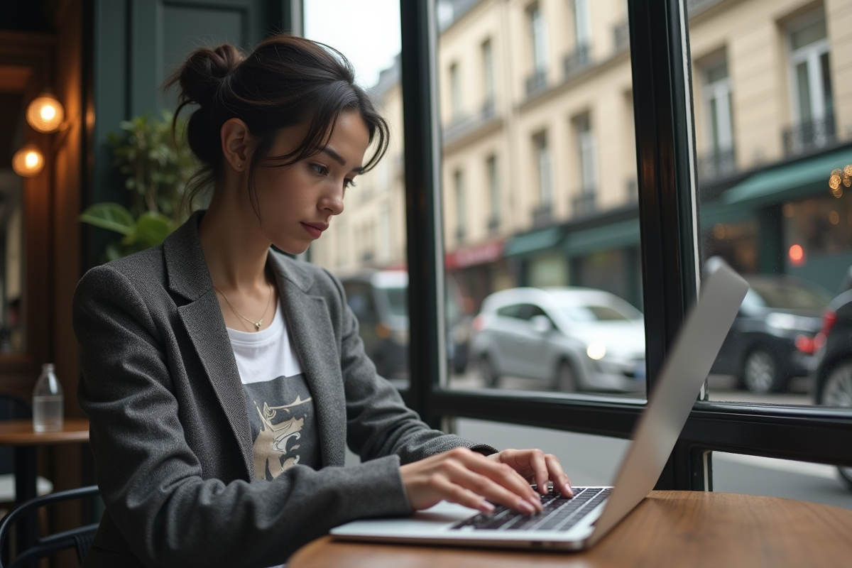 Jeune femme parisienne travaillant dans un café chic