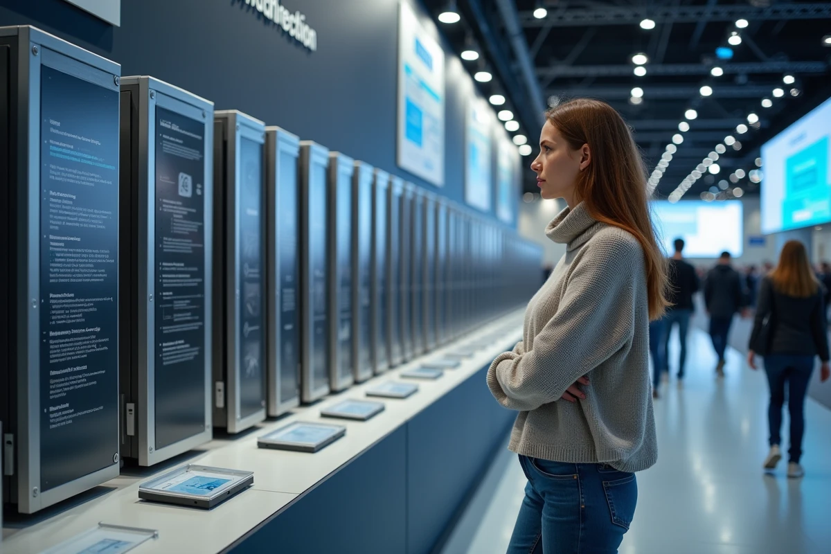 Jeune femme observe un système quantique en exposition