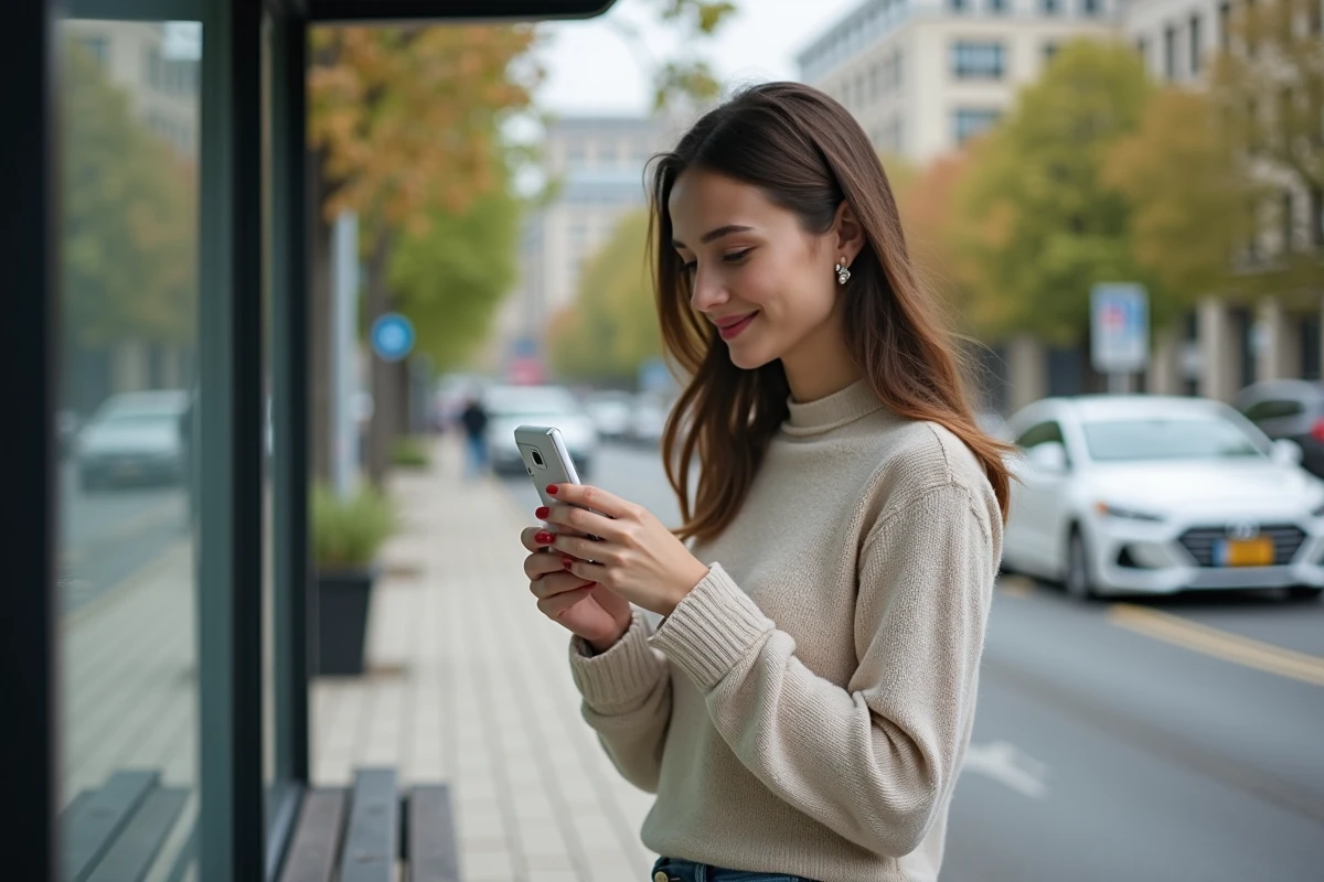Jeune femme utilisant téléphone mobile à un arrêt de bus