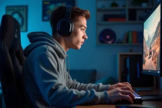 Jeune homme concentré sur son jeu vidéo dans sa chambre