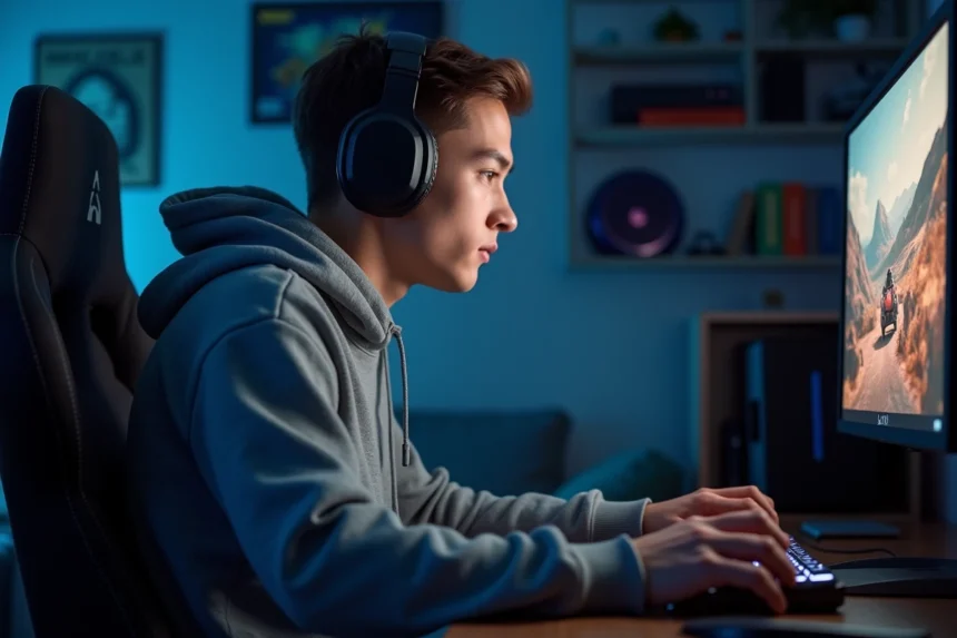 Jeune homme concentré sur son jeu vidéo dans sa chambre