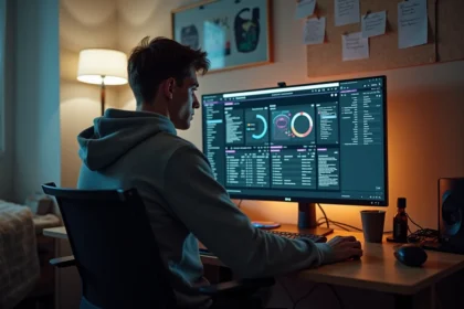 Jeune homme concentré sur son écran de jeu GTA RP dans sa chambre