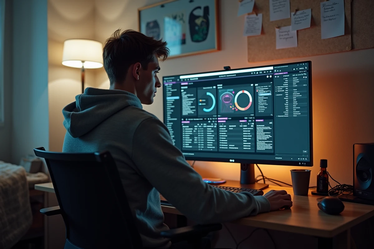 Jeune homme concentré sur son écran de jeu GTA RP dans sa chambre